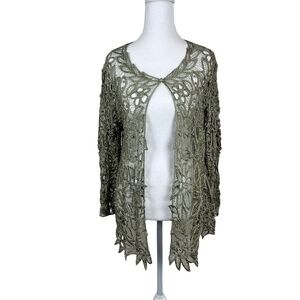 Soulmates Womens Cardigan Large Sage Green Hand Crocheted Beaded Boho Chic Luxe